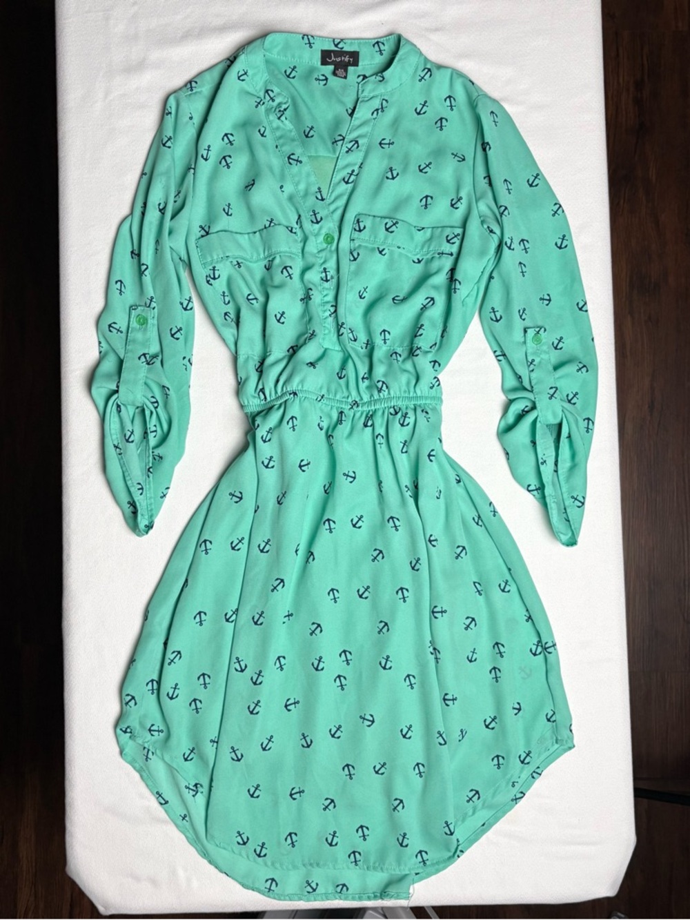 Justify Mint Green Dress, Anchor Print-S